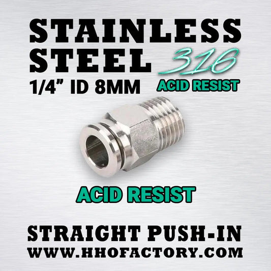 Straight threaded 1/4" BSPT Push-in 8 mm ID SS316 stainless steel fitting HHO Factory, Ltd