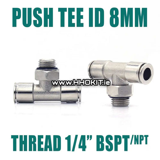 Tee Fitting 1/4" BSPT - NPT Brass Nickel Push-N-Go ID 8mm fitting HHO Factory, Ltd