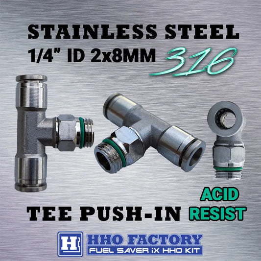 Tee threaded 1/4" BSPT Push-in 2x8 mm ID SS316 stainless still fitting HHO Factory, Ltd
